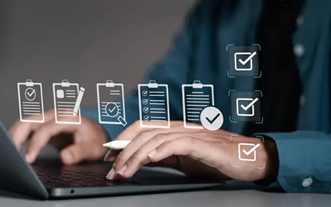 Post Survey Plans of Correction A person is typing on a laptop with multiple icons above them.